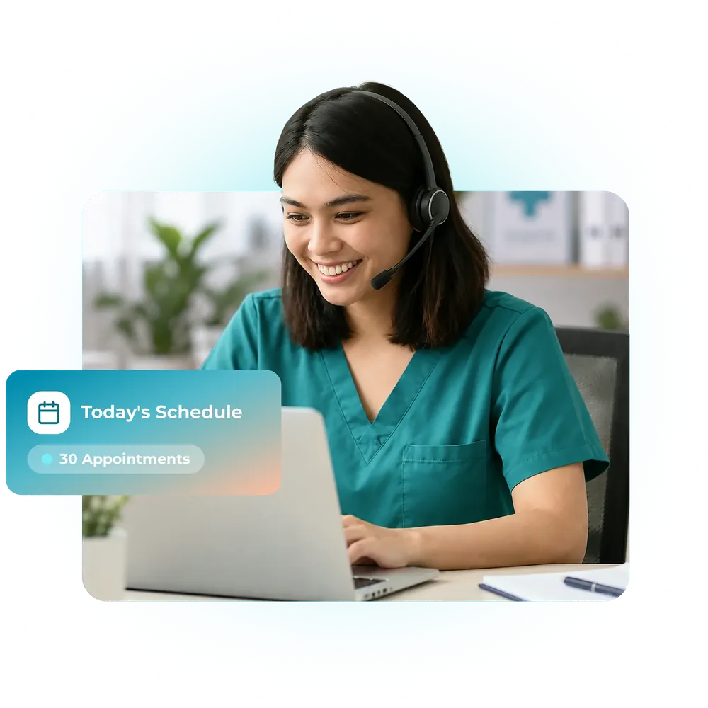 Dedicated medical data entry virtual assistant in a headset working on a laptop