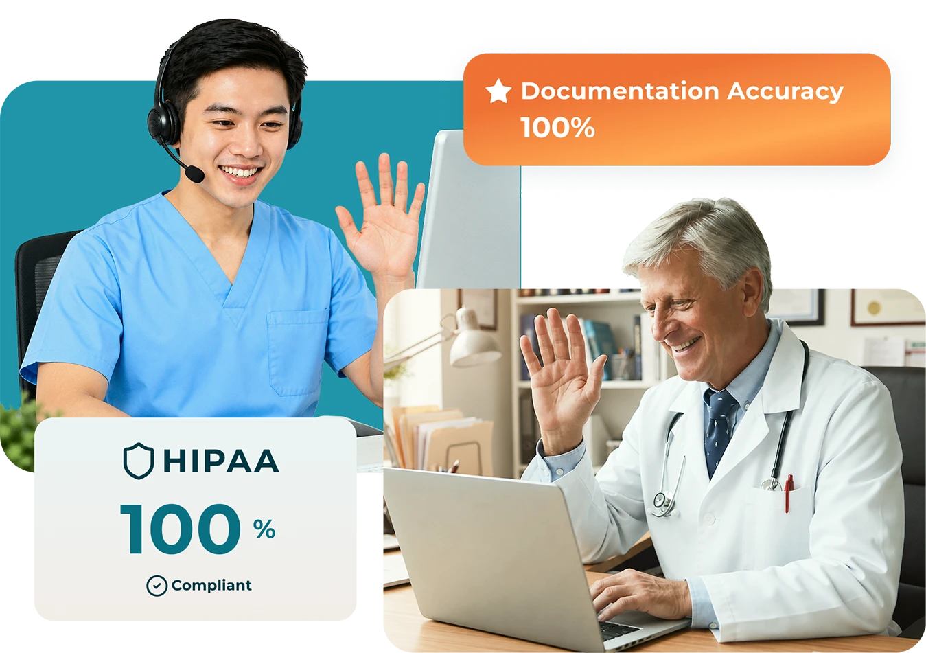 Medical data entry VA waving to a physician on a video call, with a 100% HIPAA compliant badge