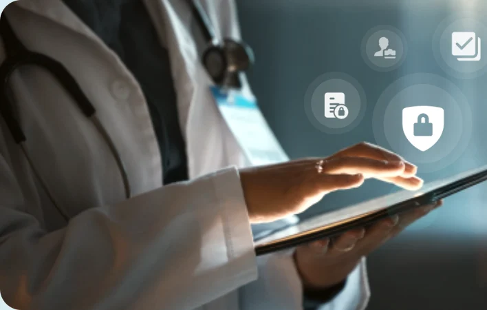 Doctor using a tablet with security and privacy icons
