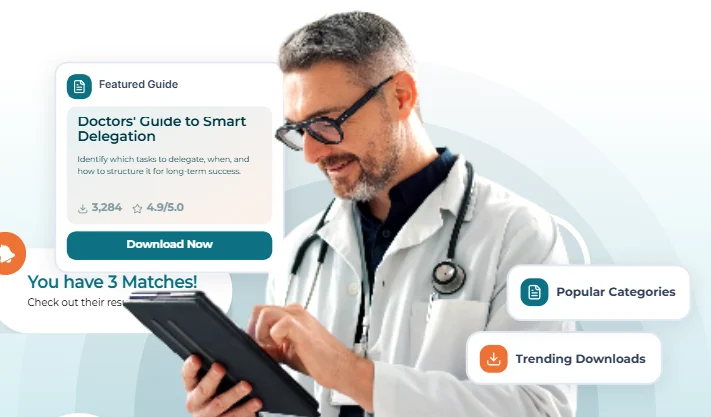 Doctor reviewing a downloadable practice guide on a tablet